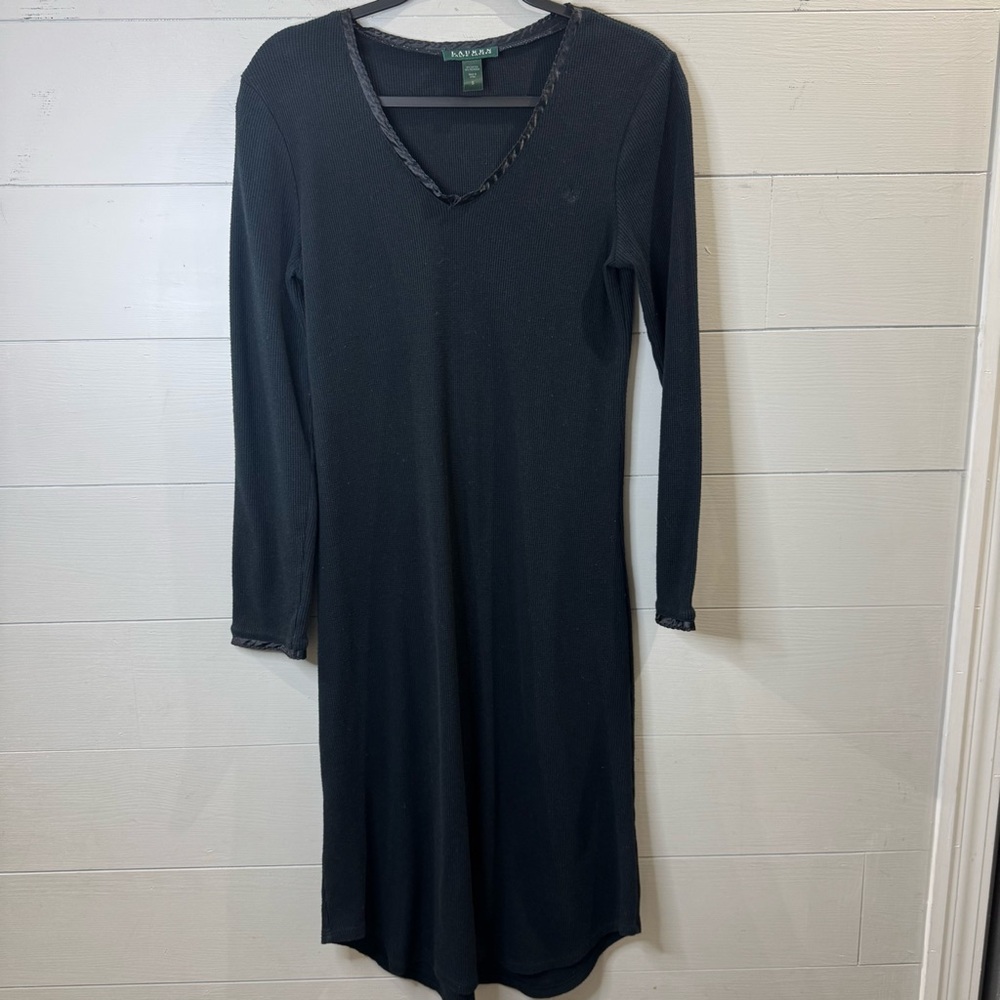 Lauren Ralph Lauren Black Cotton Long Sleeve Dress with V-Neck Size Small